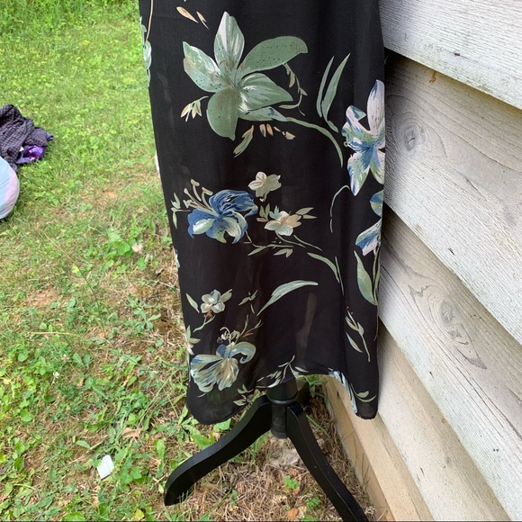 Vintage 90s Black Floral Print Elastic High Waist Sheer Ankle Length Midi Skirt - Picture 12 of 16
